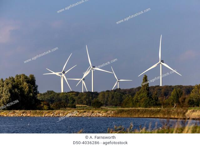 Tars, Denmark Wind turbines on the Langelandbelt on the coast of the Baltic Sea