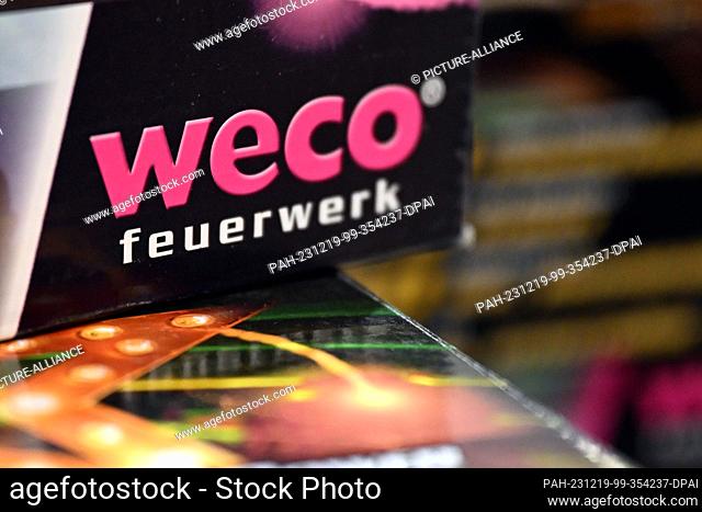 PRODUCTION - 19 December 2023, North Rhine-Westphalia, Eitorf: The logo of the fireworks company Weco in the company's showroom