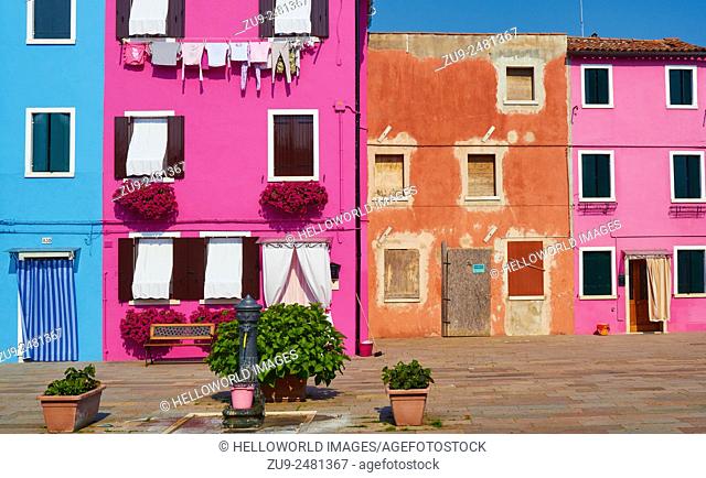 Brightly painted houses in pretty square, Burano, Venetian Lagoon, Veneto, Italy, Europe