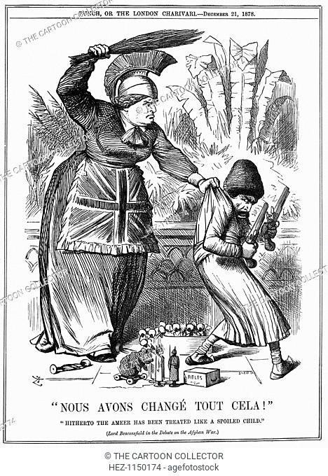 Nous avons change tout cela!, (We've changed all that!), 1878. Britannia, wearing a Union Jack apron, brandishes a bunch of twigs above her head