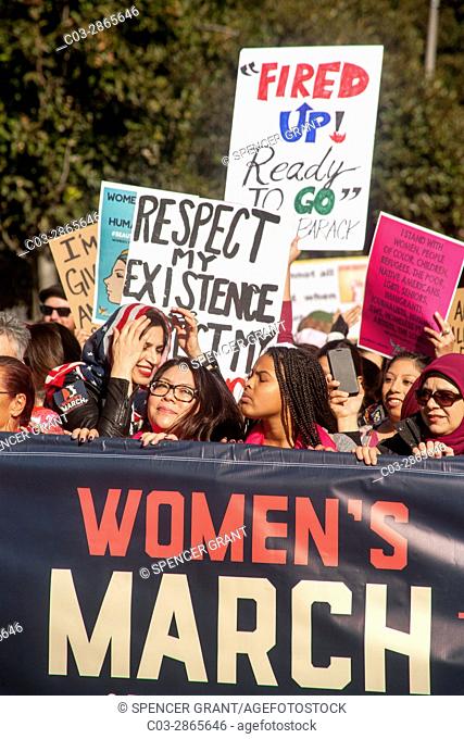 Multiracial women lead the January, 2017 Anti-Trump Women's March in Santa Ana, CA