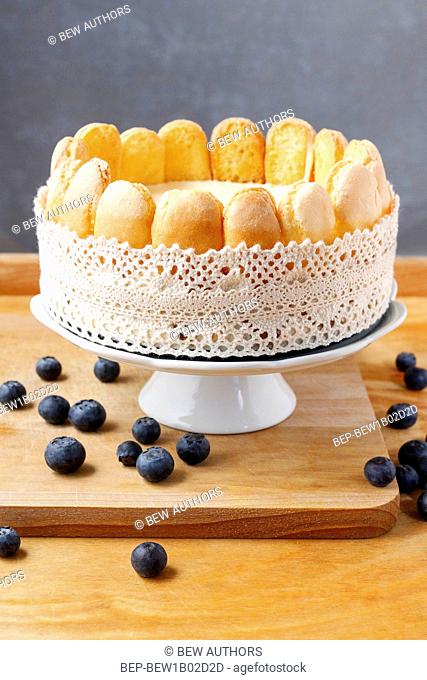 French charlotte cake with blueberries. Party dessert