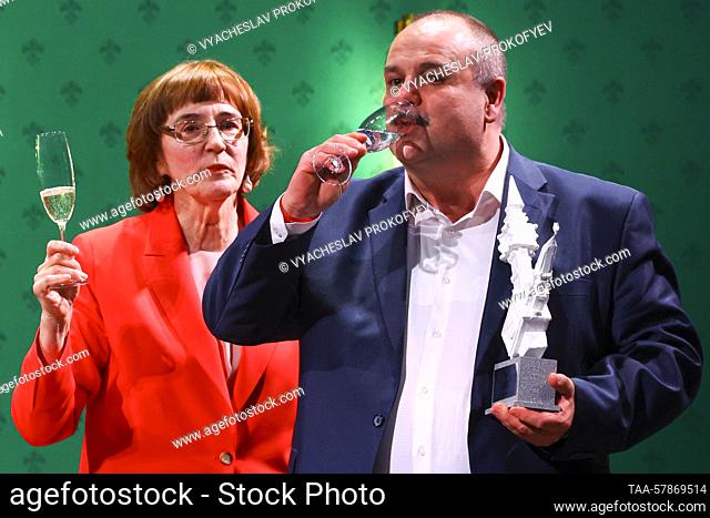 RUSSIA, MOSCOW - MARCH 14, 2023: State Tretyakov Gallery head curator Tatyana Gorodkova and Andrei Golubeiko, the head of the department of easel oil painting...
