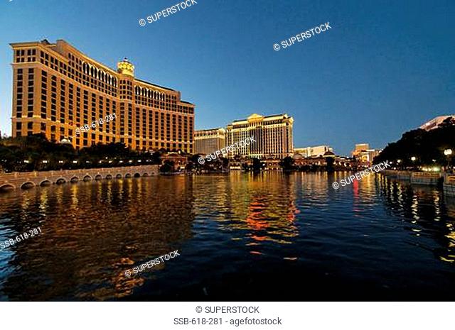 Reflection of buildings in water, Bellagio Resort and Casino, Caesars Palace, Las Vegas, Nevada, USA