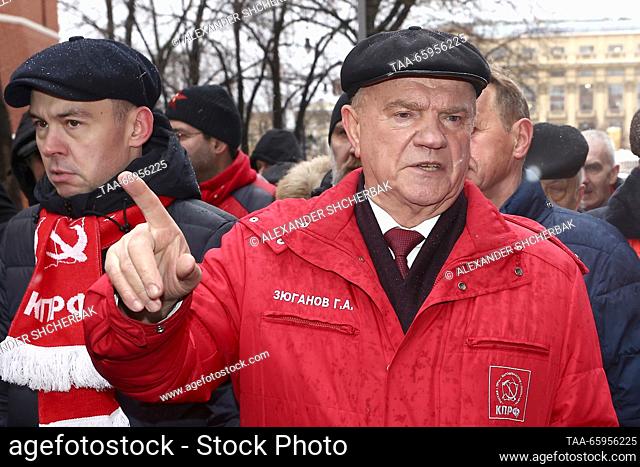 RUSSIA, MOSCOW - DECEMBER 21, 2023: Yuri Afonin (L), deputy chairman of the Russian Communist Party's Central Committee, and Russian Communist Party Leader...
