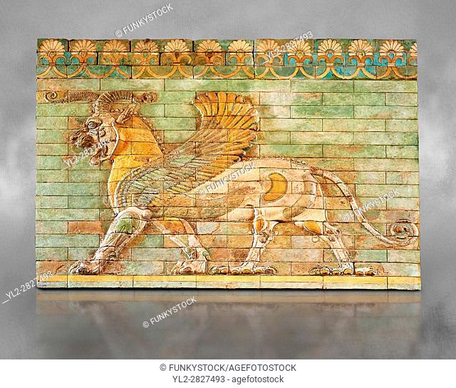 Coloured glazed terracotta tiled panels depicting mythical Griffins. From the reign of Darius 1st and the First Persian or Achaemenid Empire around 510 BC...