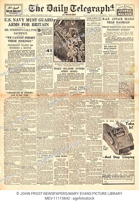 1941 front page Daily Telegraph U.S. Navy to guard Arms convoys to Britain and join the Battle of Atlantic