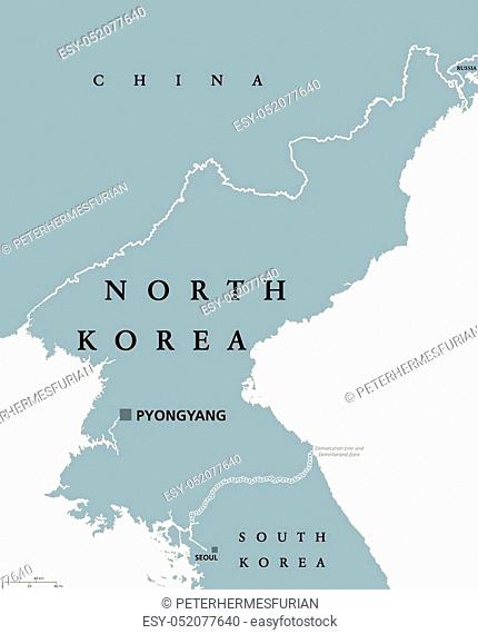 North Korea political map with capital Pyongyang and national borders. Democratic Peoples Republic in East Asia in northern Korean Peninsula