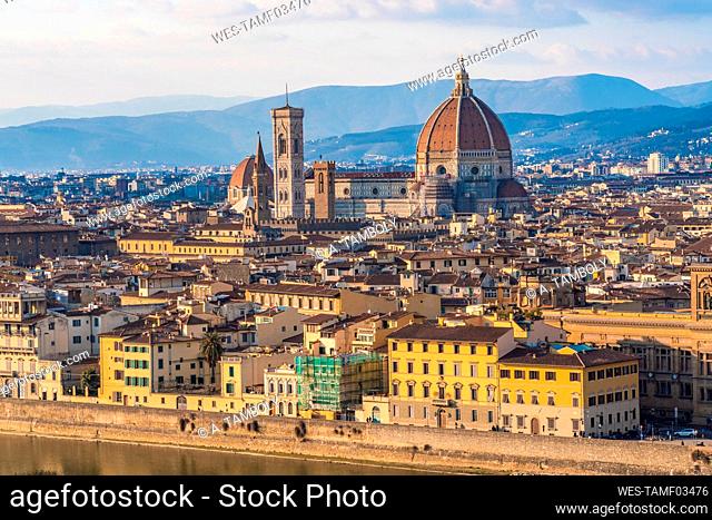 Italy, Tuscany, Florence, Florence Cathedral, Giottos Campanile and surrounding buildings