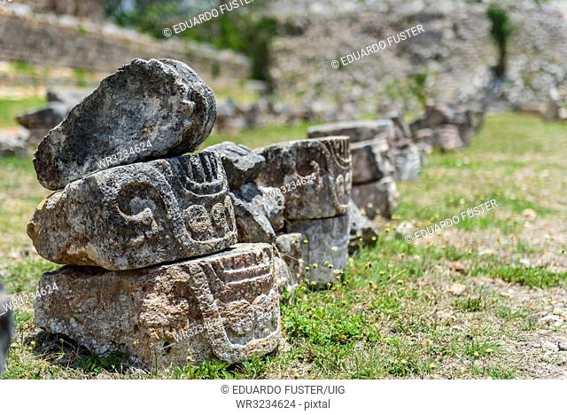 Detail of stones recovered in the ruins at Kabah, Yucatan Peninsula, Mexico