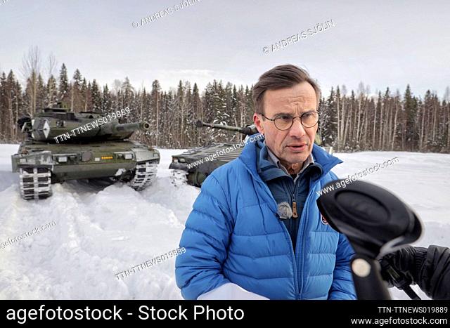 Sweden's Prime Minister Ulf Kristersson during a press conference at the Norrbotten Regiment I19 in Boden Sweden, 24 February 2023