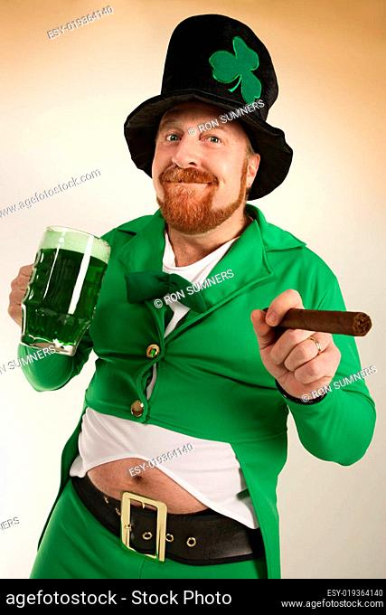 Leprechaun drinking green beer