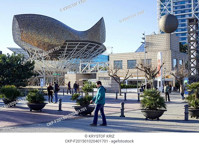 A public sculpture Peix (Fish) by the Canadian architect Frank Gehry in Barcelona, Catalonia, Spain on December 28, 2014