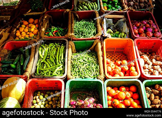 Fresh local produce for sale at a fruit and vegetable market in Tagounite, Morocco, Africa