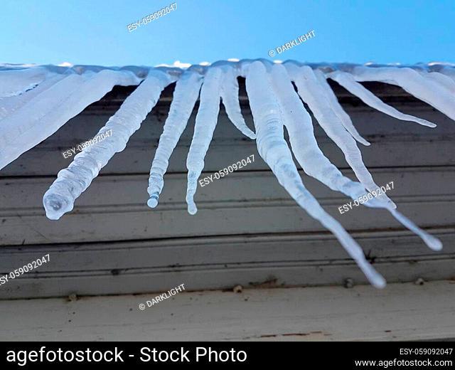 ice stalactites in ioannina city greece wind waves in winter season in front of lake pamvotis greece