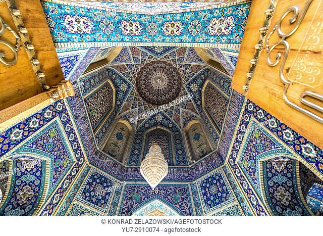 Tiled decoration of gate to Mosque and Mausoleum of Shah Cheragh in Shiraz city, capital of Fars Province in Iran