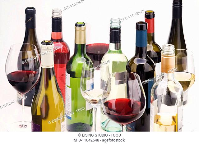 Various bottles of wine and wine glasses