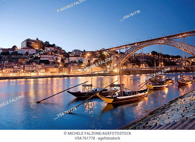 Porto Wine Carrying Barcos Barges, River Douro and city skyline, Porto UNESCO World Heritage, Portugal