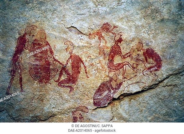 Men and women in scenes of everyday life, cave paintings, Tadrart Acacus (UNESCO World Heritage List, 1985), Libya