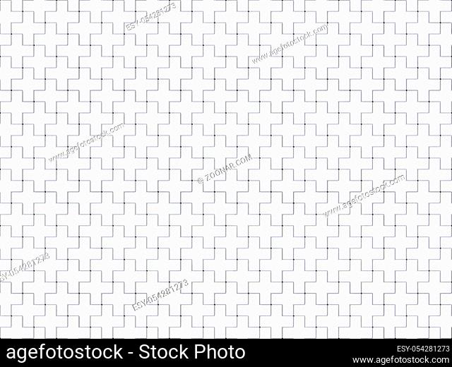 White abstract seamless background made of plus jigsaw puzzle pieces. 3D render illustration