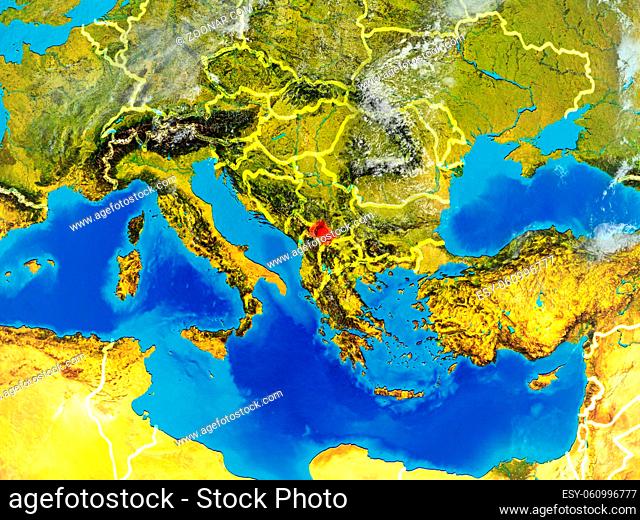 Kosovo from space on model of planet Earth with country borders. Extremely fine detail of planet surface and clouds. 3D illustration