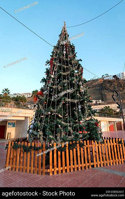 Christmas tree at Playa de Amadores beach on Gran Canaria island in Spain