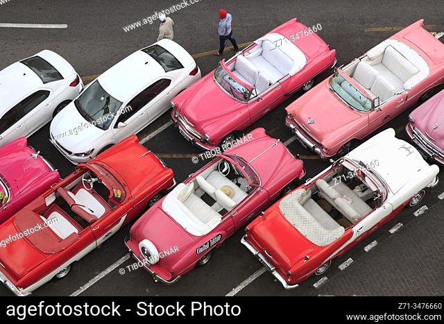 Cuba, Havana, vintage cars, elevated view,