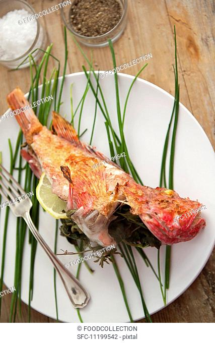 Red mullet stuffed with herbs, on a bed of chives
