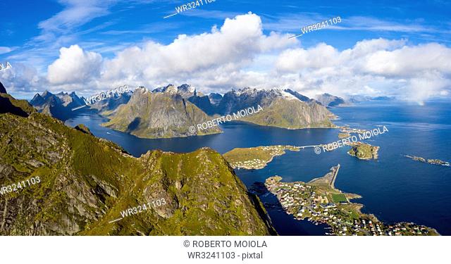 Aerial view of mountains around Reine, Moskenes, Norway, Europe