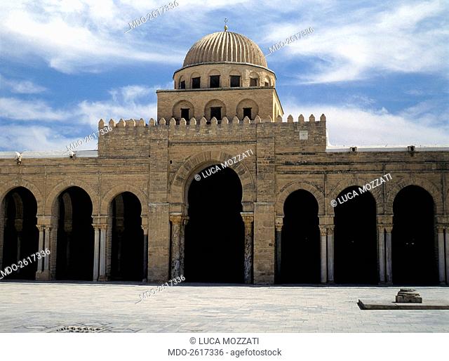 Outside of Prayer Hall at Kairouan's Great Mosque, by Aghlabid craftmen, from 836, 9th Century, brickwork and stones. Tunisia, Kairouan