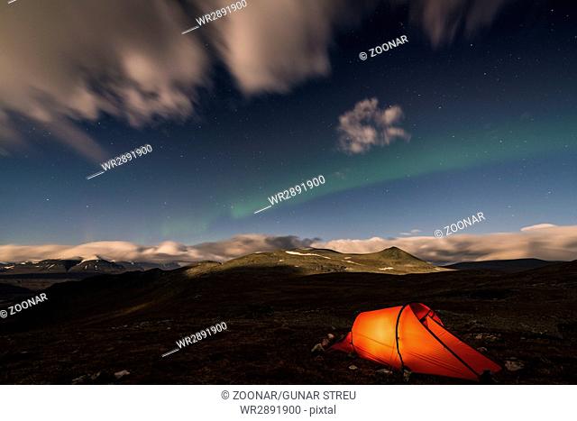 Tent with northern lights, Rapa Valley, Lapland, Sweden