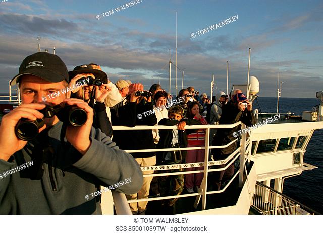 Whale-watchers on the top deck of 30, 000 ton ferry, off the coast of France, as they cross the Bay of Biscay RR