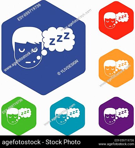 Boy head with speech bubble icons set hexagon isolated vector illustration