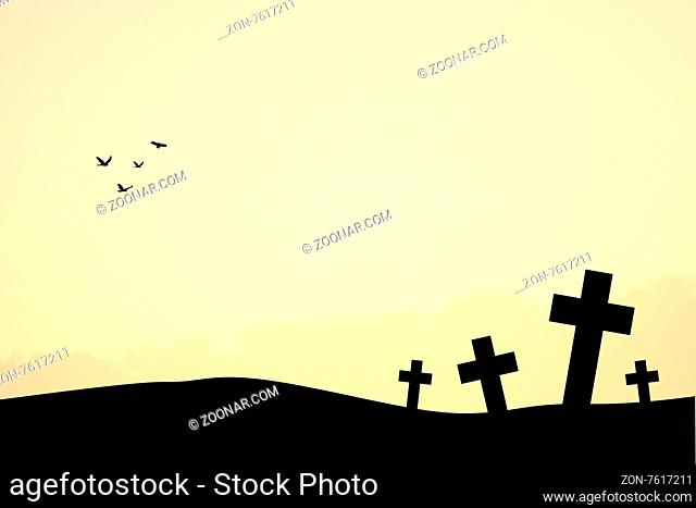 Front view of silhouette cross signs on a hill, on sunset or sunrise sky background