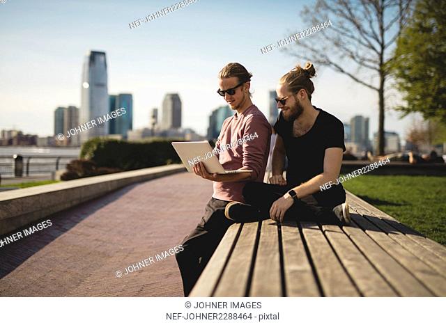 Men using laptop in park