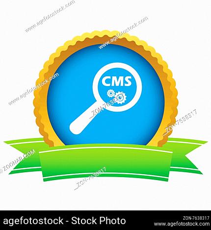 Round icon with ribbon, with text CMS and gears under loupe, isolated on white