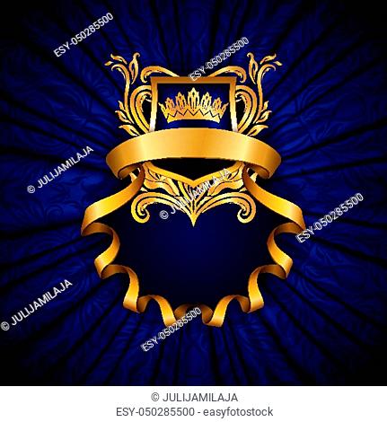 Elegant golden frame with floral elements, filigree ornament, gold crown, shield, ribbon, place for text on violet drapery fabric