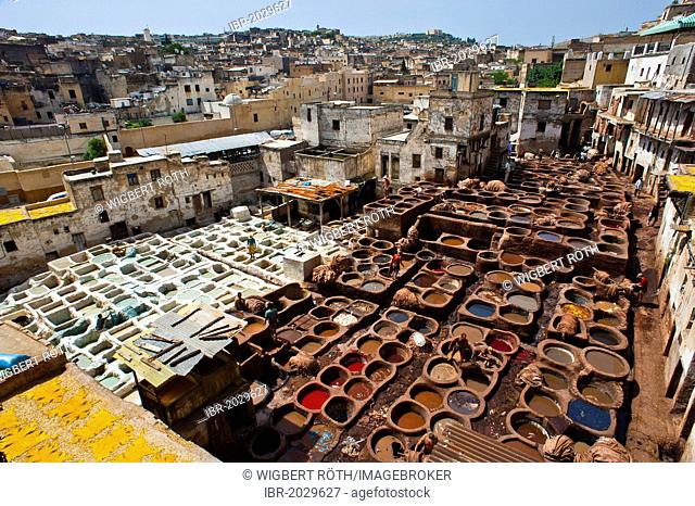 Traditional tanneries with tanning and dying vats, old town or medina of Fez or Fes, UNESCO World Heritage Site, Morocco, Africa