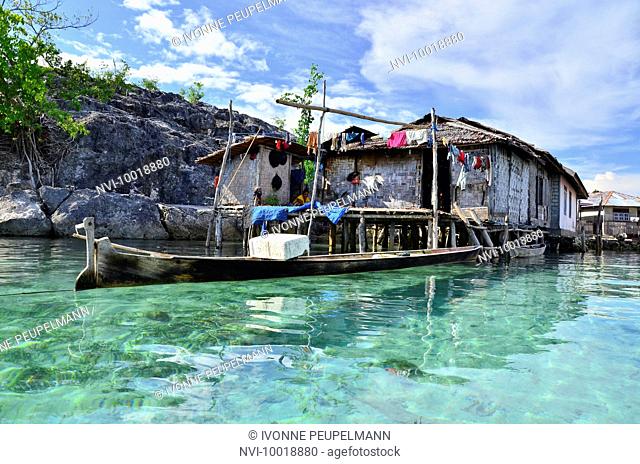 Village with stilt houses of the Bajau sea nomads, Island of Malenge, Tomini Bay, Togian Islands, Sulawesi, Indonesia
