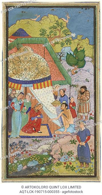 Episode from the love story of Laila and Majnun, Majnun talking to Laila for a tent, Majnun visits Laila in her tent. Illustration from the story of Laila and...