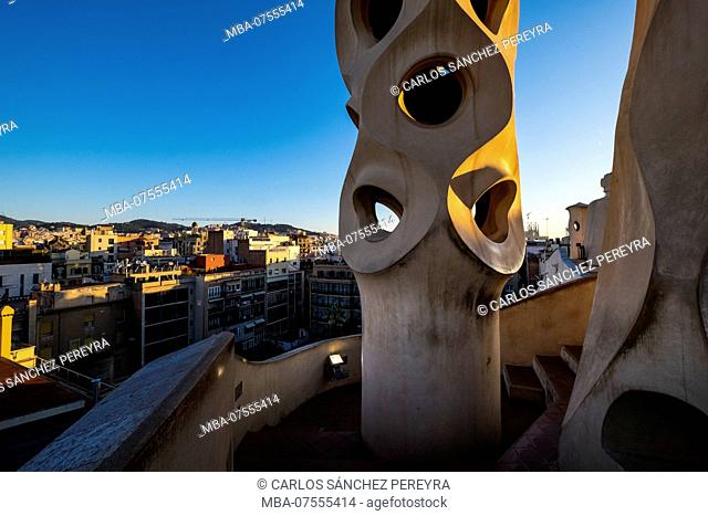 Roof of the Casa Mila (also known as La Pedrera) of the Catalan modernist architect Antoni Gaudi located on the famous Avinguda de Gracia street in the Eixample...