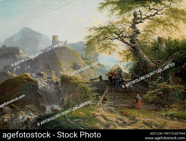 Mountainous Landscape near Düsseldorf, Mountain landscape with drivers, driving an ox wagon over an old derelict wooden bridge near a tree