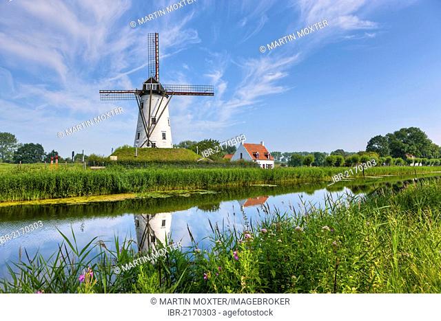 Windmill on the canal between Bruges and Damme, Damse Vaart-Zuid, Damme, Bruges, West Flanders, Flemish Region, Belgium, Europe