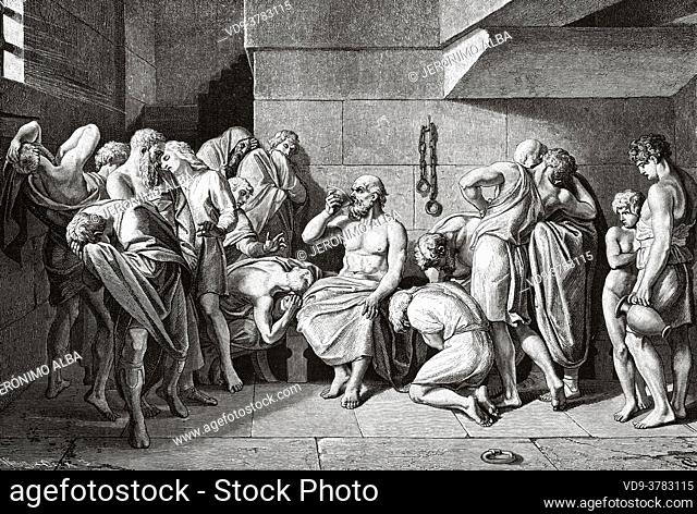 The Death of Socrates (469-399 BC) Greek philosopher, Ancient Greece. Europe. Old 19th century engraved illustration, El Mundo Ilustrado 1881