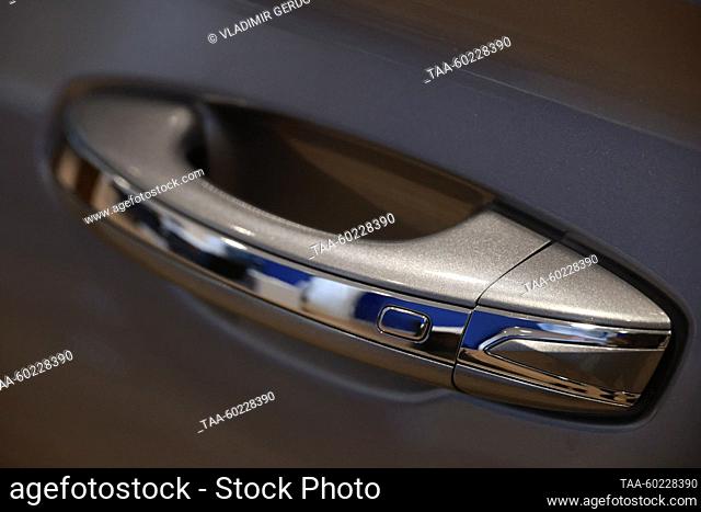 RUSSIA, MOSCOW - JULY 3, 2023: A door handle on a Changan car manufactured by the Chinese car maker Changan Automobile on display at the Changan Major Auto car...