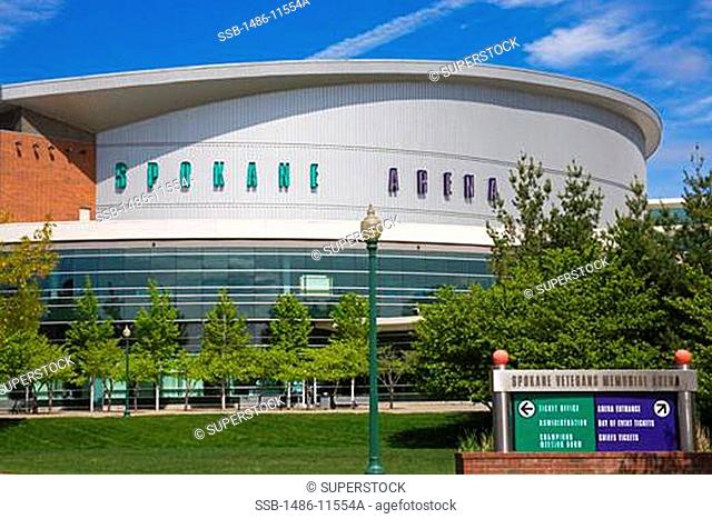 Information board in front of a building, Spokane Arena, Spokane, Spokane County, Washington State, USA