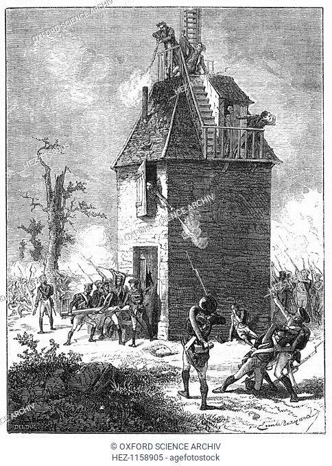 Napoleon's troops defending a telegraph tower, c1815, (c1870). The incident took place shortly before Napoleon's defeat at Waterloo by the allies under...