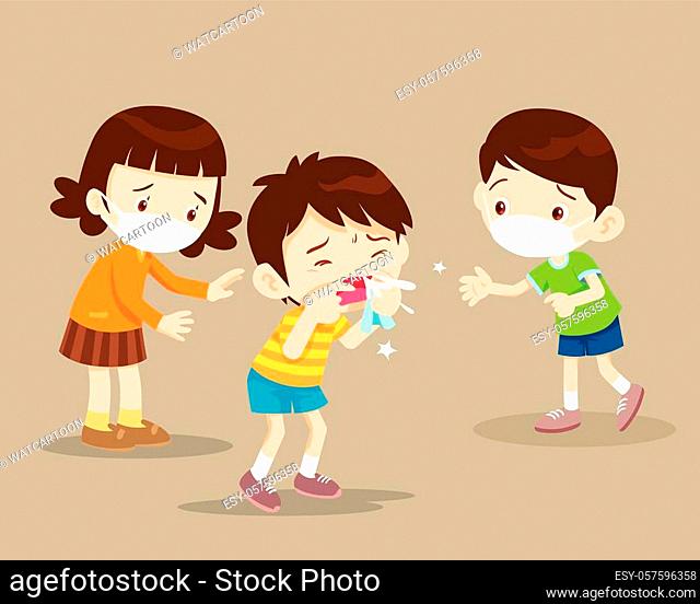 Child blow the nose. Cute boy using tissue to wipe snot from his nose. coughing child to friend