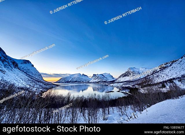 Winter landscape, Bergsfjorden, Troms, Norway, Europe