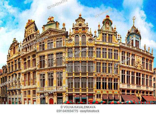 Beautiful houses of the Grand Place Square in Brussels, Belgium. From right to left Le Roy d'Espagne, La Brouette, Le Sac, La Louve, Le Cornet, Le Renard